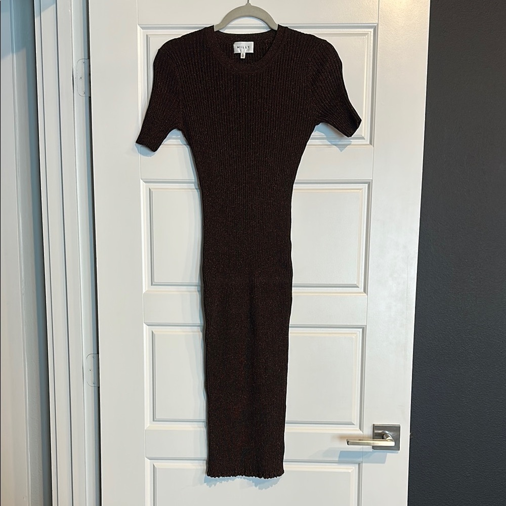 ✨Milly Black/Copper Ribbed Sheath Midi Cocktail Dress